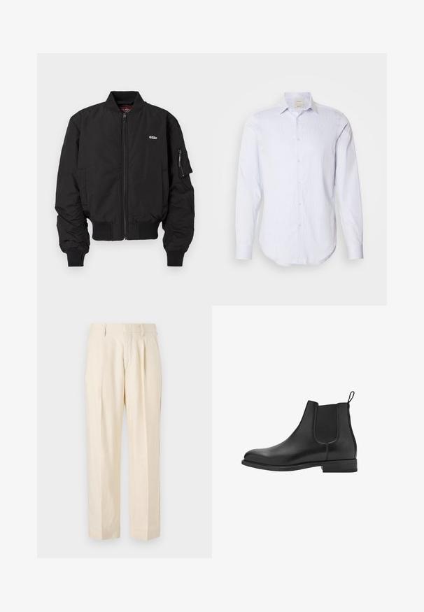 Sorte bomberjakke med lynlåslukning, ribbede manchetter og sidelommer. Har et lille logo på brystet og en lomme på venstre ærme.; Lys blå og hvid stribet langærmet skjorte med fuld knaplukning, spidse krave og rund kant. Fremstillet af bomuldsstof med en glat tekstur.; NN.07 KAY - Bukser - off white; Sorte læder chelsea støvler med elastiske sidepaneler, afrundet tå og en lav blok hæl. Glat tekstur og rent, minimalistisk design.