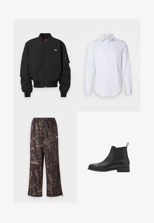 Jachetă bombă neagră cu închidere cu fermoar, manșete ribbate și buzunare laterale. Prezentă un logo mic pe piept și un buzunar pe mâneca stângă.; Cămașă cu mâneci lungi, cu dungi albastre deschise și albe, cu nasturi pe întreaga lungime, guler ascuțit și margine rotunjită. Material din bumbac, textură netedă.; Pantaloni largi cu o bază de culoare maro închis, decorată cu un model texturat de culoare aurie. Talie elastică cu un etichetă logo pe lateral.; Bocanci Chelsea din piele neagră, cu panouri elastice laterale, vârf rotund și toc mic. Textură netedă și un design curat, minimalist.
