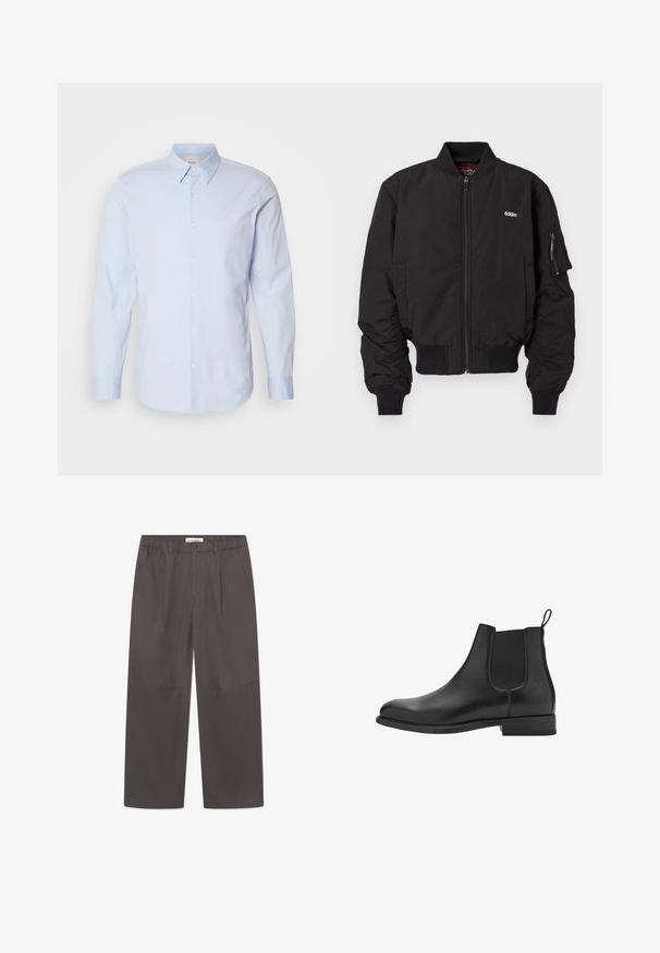 Giacca bombshell nera con chiusura a zip, polsini a coste e tasche laterali. Presenta un piccolo logo sul petto e una tasca sul manica sinistra.; Camicia azzurra chiaro a maniche lunghe con bottoni, realizzata in cotone, con colletto classico, dotata di un piccolo logo sul petto e orlo dritto.; Pantaloni grigi a gamba larga realizzati in tessuto liscio, con chiusura a bottoni e due tasche laterali. Design semplice e pulito senza motivi visibili.; Stivali Chelsea in pelle nera con pannelli laterali elastici, punta arrotondata e tacco basso a blocco. Texture liscia e design pulito e minimalista.