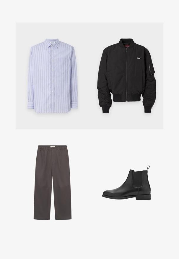 Černá bomber bunda se zipovým zapínáním, žebrovanými manžetami a bočními kapsami. Obsahuje malé logo na hrudi a kapsu na levém rukávu.; Světle modrá košile s dlouhým rukávem a knoflíkovým zapínáním, s bílými a žlutými vertikálními pruhy, obsahující náprsní kapsu a klasický límec.; Šedé široké kalhoty vyrobené z hladké látky, s knoflíkovým zapínáním a dvěma bočními kapsami. Jednoduchý, čistý design bez viditelných vzorů.; Černé kožené chelsea boty s elastickými bočními panely, kulatou špičkou a nízkým blokovým podpatkem. Hladká textura a čistý, minimalistický design.