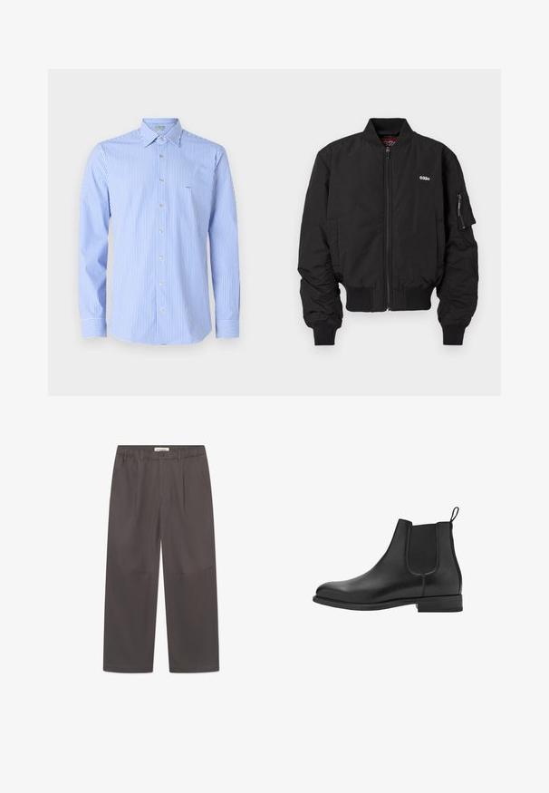 Sorte bomberjakke med lynlåslukning, ribbede manchetter og sidelommer. Har et lille logo på brystet og en lomme på venstre ærme.; Stribet skjorte med lodrette lyseblå og hvide striber, skjortekrave, lange ærmer og lille logo på brystet.; Grå, vide bukser lavet af glat stof, med knaplukning og to sidelommer. Simpelt, rent design uden synlige mønstre.; Sorte læder chelsea støvler med elastiske sidepaneler, afrundet tå og en lav blok hæl. Glat tekstur og rent, minimalistisk design.