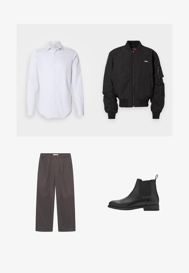 Schwarze Bomberjacke mit Reißverschluss, gerippten Bündchen und Seitentaschen. Sie verfügt über ein kleines Logo auf der Brust und eine Tasche an dem linken Ärmel.; Hellblau-weiß gestreiftes Langarmhemd mit durchgehender Knopfleiste, spitzem Kragen und abgerundetem Saum. Aus Baumwollmaterial, mit glatter Textur.; Graue, weite Hosen aus glattem Stoff, mit einem Knopfverschluss und zwei seitlichen Taschen. Einfaches, klares Design ohne sichtbare Muster.; Schwarze Leder Chelsea-Stiefel mit elastischen Seitenpaneelen, runder Spitze und niedrigem Blockabsatz. Glatte Textur und sauberes, minimalistisches Design.