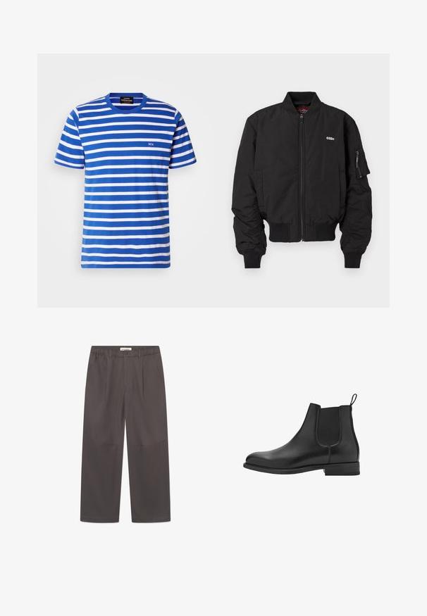 Giacca bombshell nera con chiusura a zip, polsini a coste e tasche laterali. Presenta un piccolo logo sul petto e una tasca sul manica sinistra.; T-shirt a righe blu e bianche, realizzato in cotone. Presenta un collo a giro e un piccolo logo "MN" sul petto, maniche corte.; Pantaloni grigi a gamba larga realizzati in tessuto liscio, con chiusura a bottoni e due tasche laterali. Design semplice e pulito senza motivi visibili.; Stivali Chelsea in pelle nera con pannelli laterali elastici, punta arrotondata e tacco basso a blocco. Texture liscia e design pulito e minimalista.