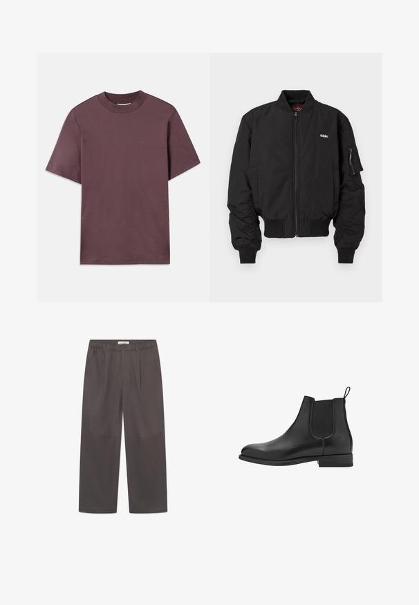 Jachetă bombă neagră cu închidere cu fermoar, manșete ribbate și buzunare laterale. Prezentă un logo mic pe piept și un buzunar pe mâneca stângă.; Tricou cu mânecă scurtă, gât rotund, de culoare mauve închis, fabricat din bumbac moale. Prezintă un branding minimal în culoare potrivită pe față.; Cămașă cu mâneci lungi, cu dungi albastre deschise și albe, cu nasturi pe întreaga lungime, guler ascuțit și margine rotunjită. Material din bumbac, textură netedă.; Pantaloni gri, cu picioare largi, dintr-un material neted, având închidere cu buton și două buzunare laterale. Design simplu, curat, fără modele vizibile.; Bocanci Chelsea din piele neagră, cu panouri elastice laterale, vârf rotund și toc mic. Textură netedă și un design curat, minimalist.