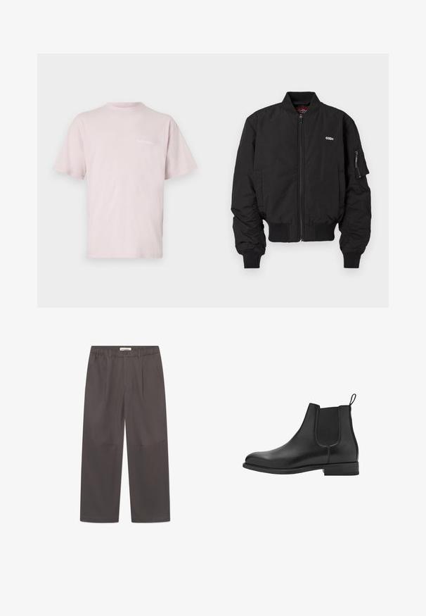 Svart bomberjacka med dragkedja, ribbade ärmslut och sidofickor. Har en liten logotyp på bröstet och en ficka på vänster ärm.; Ljusrosa bomullströja med korta ärmar, rund halsringning och texten "NoProblemo" tryckt i vitt på framsidan.; Ljusblå och vit randig långärmad skjorta med full knappslå, spetsig krage och rundad nederkant. Tillverkad av bomull med en slät textur.; Grå, vida byxor i slätt tyg med knäppning och två sidfickor. Enkel, ren design utan synliga mönster.; Svarta läderchelseaboots med elastiska sidopaneler, rund tå och låg blockklack. Slät textur och ren, minimalistisk design.