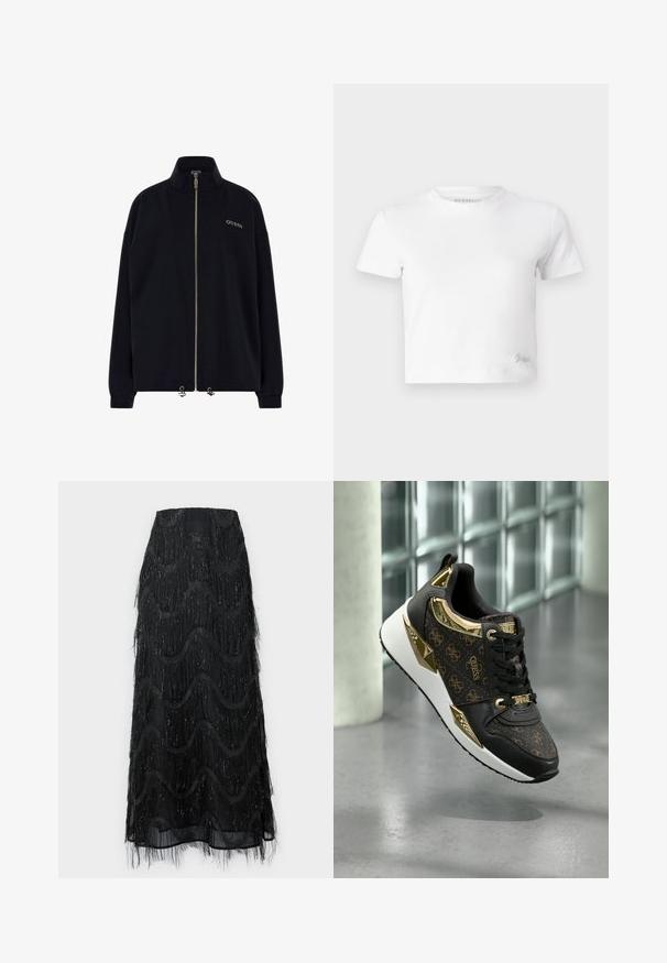 Crna jakna na zip s visokim ovratnikom. Ima zlatni zatvarač i "GUESS" logo u zlatnom šivu sprijeda. Labav kroj s manžetama na rukavima.; Bijela skraćena majica izrađena od glatkog pamuka, s visokim izrezom i kratkim rukavima. Mali izvezeni logo u donjem kutu.; Crna midi suknja s višeslojnim resicama i valovitim uzorcima. Izrađena od prozirnog materijala s šarenim akcentima uz rubove.; Crne tenisice s zlatnim akcentima, s teksturiranim uzorkom loga, metalnim detaljima i podstavljenim bijelim potplatom.