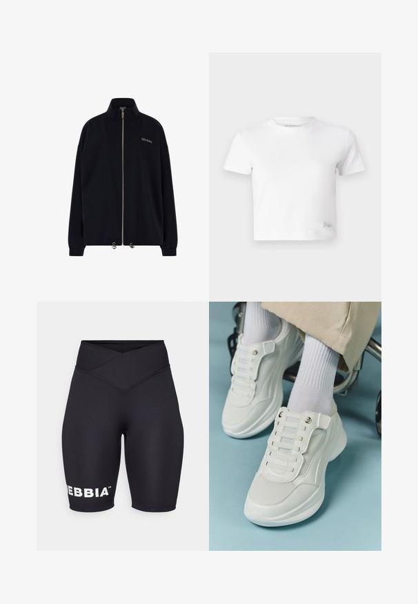 Fekete zipzáros dzseki magas gallérral. Arany cipzárral és elöl arany hímzéssel ellátott "GUESS" logóval rendelkezik. Laza fazon, passzos ujjak.; Fehér, rövid szabású, sima pamut póló, magas nyakkivágással és rövid ujjakkal. Kicsi hímzett logó az alsó sarokban.; Fekete kerékpáros sort magas, keresztben szabott derékkal. Rugalmas anyagból készült, a bal lábon fehér "DEBBIA" felirattal. Sima textúra.; Fehér sportcipők, amelyek hálós anyagból készültek, gumitalpúak, fűző nélküli kialakítással, rugalmas pántokkal és arany színű kiegészítőkkel rendelkeznek.