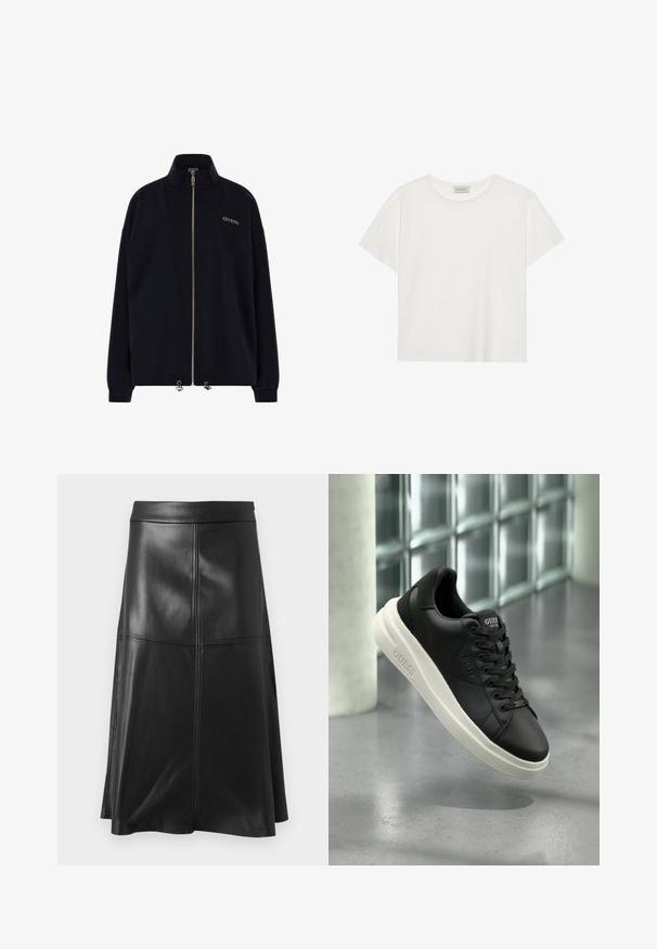 Czarna kurtka na zamek z wysokim kołnierzem. Posiada złoty zamek błyskawiczny oraz logo "GUESS" w złotej nici z przodu. Luźny krój z mankietami.; Biała koszulka z krótkim rękawem wykonana z miękkiej bawełny. Posiada okrągły dekolt i luźny krój. Czysty design bez widocznych wzorów czy akcentów.; Czarna skórzana spódnica w kształcie litery A o gładkiej fakturze, z pionowymi przeszyciami i pasem. Dół spódnicy sięga tuż poniżej kolana.; Czarne niskie trampki Guess z białą podeszwą, sznurowadłami i logo na boku oraz języku, wystawione na tle ściany z bloków szklanych.
