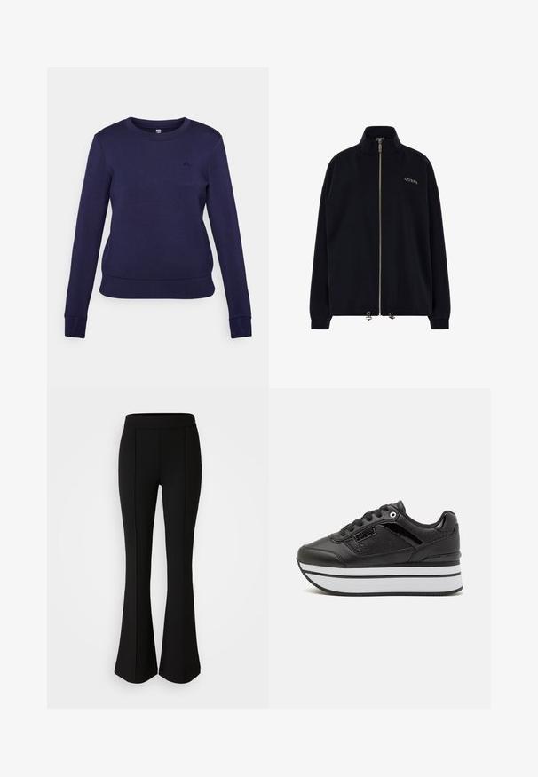 Schwarze Zip-Jacke mit hohem Kragen. Verfügt über einen goldenen Reißverschluss und das "GUESS"-Logo in goldener Stickerei auf der Vorderseite. Lockere Passform mit umgeschlagenen Ärmeln.; Dunkelblauer Pullover, Rundhalsausschnitt, lange Ärmel, gerippte Bündchen und Saum, aus glattem Material mit einem dezenten Logo-Detail auf der Brust.; Schwarze, ausgestellte Hose aus einem dehnbaren Material mit glatter Textur, ausgestattet mit Nahtdetails an der Vorderseite für ein zusätzliches Designelement.; Schwarze Plateau-Sneaker mit strukturiertem Synthetik-Obermaterial, weißen horizontalen Streifen auf der Zwischensohle und schwarzen Schnürsenkeln. Verfügt über dezente Logo-Akzente.