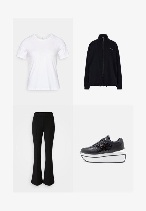 Jachetă neagră cu fermoar și guler înalt. Dispune de un fermoar auriu și logo-ul "GUESS" brodat în aur pe față. Croială lejeră cu mâneci tivite.; Tricou alb cu mânecă scurtă, fabricat dintr-un amestec moale de bumbac, având un decolteu rotund și mâneci raglan, cu o textură netedă, fără modele.; Pantaloni negri evazați, realizați dintr-un material elastic cu o textură netedă, având detalii cusute pe față pentru un plus de design.; Sneakers platform negre cu un finisaj lucios, model cu craniu embosat, accente de hardware argintie și talpă din cauciuc alb.