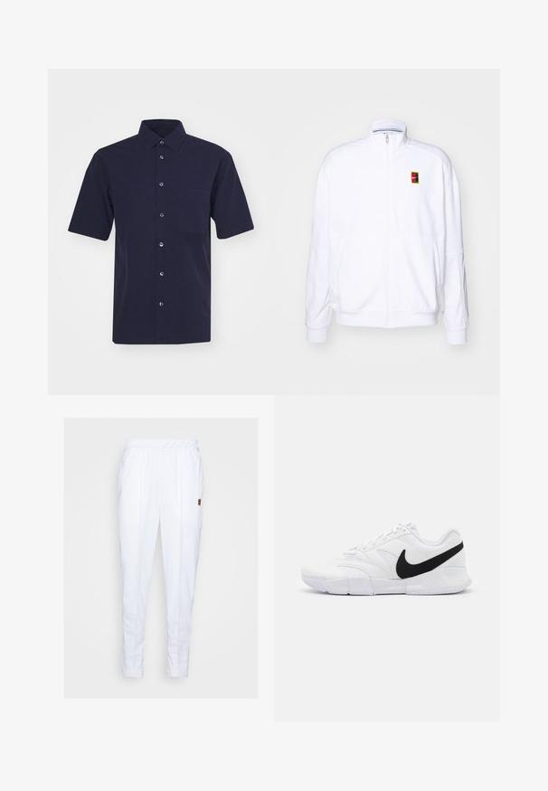 Witte ritsvest gemaakt van zachte stof, met een hoge kraag en een klein meerkleurig Nike-logo op de linkerborst.; Donkerblauwe shirt met korte mouwen van een stof met een gladde textuur. Heeft een klassieke kraag, knoopsluiting aan de voorkant en een borstzak.; Witte sportbroek met een elastische tailleband, voorzien van zijzakken en subtiele stikseldetails langs de benen.; Witte sportieve schoenen met een gestructureerde bovenkant, zwarte Nike swoosh, gewatteerde kraag en een solide rubberen buitenzool met een gepatternde profiel.