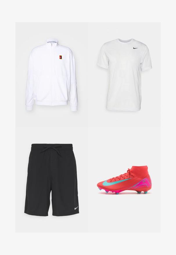 Bela zip-up dukserica iz mehkega materiala, s visokim ovratnikom in majhnim večbarvnim Nike logotipom na levem prsnem delu.; Bela kratka majica s kratkimi rokavi, izdelana iz gladkega materiala. Ima okroglo ovratnico in majhen črn Nike logotip na levi prsni strani.; Črne športne hlače iz lahkega materiala, z elastičnim pasom in vrvico, ter majhnim belim logotipom Nike na spodnjem levem delu.; Nike nogometni čevlji v živahni rdeči barvi s turkizno kljukico. Imajo visok dizajn gležnja, teksturirano zgornji del in roza podplat z oblikovanimi konicami.