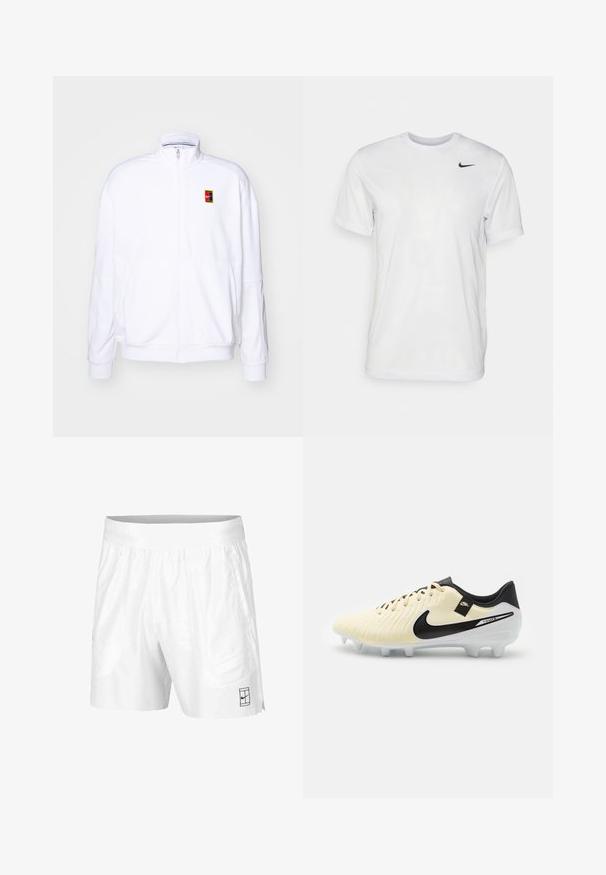Fehér zipzáras kapucnis pulóver, puha anyagból készült, magas nyakkal és egy kis, színes Nike logóval a bal mellrészen.; Fehér, rövid ujjú póló, sima anyagból készült. Kerek nyakkivágással és egy kis fekete Nike logóval rendelkezik a bal mellen.; Fehér atlétikai rövidnadrág, könnyű anyagból, rugalmas derékkal, két oldalsó zsebbel és egy kis fekete logóval az alján.; Futballcipő krém színű felsőrésszel, texturált bőr dizájnnal, fekete kiegészítőkkel és fehér talppal, amelyen kiemelkedő tüskék találhatók a tapadás érdekében.