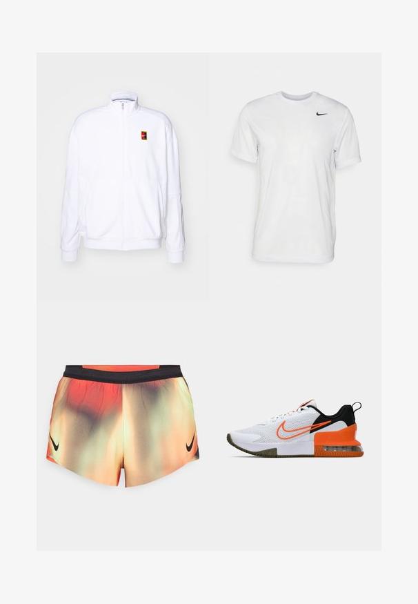 Hvit zip-up hettegenser laget av mykt stoff, med høy hals og en liten multicolor Nike-logo på venstre bryst.; Hvit kortermet t-skjorte laget av glatt stoff. Har rund hals og en liten svart Nike-logo på venstre bryst.; Nike shortser i gradientnyanser av oransje, grønn og svart, med et svart elastisk midjebånd og Nike-logoen nederst til høyre.; Hvit sportssko med et teksturert mesh-overdel, sorte og oransje accenter, en tykk gummisåle og en klar luftpute-seksjon ved hælen.