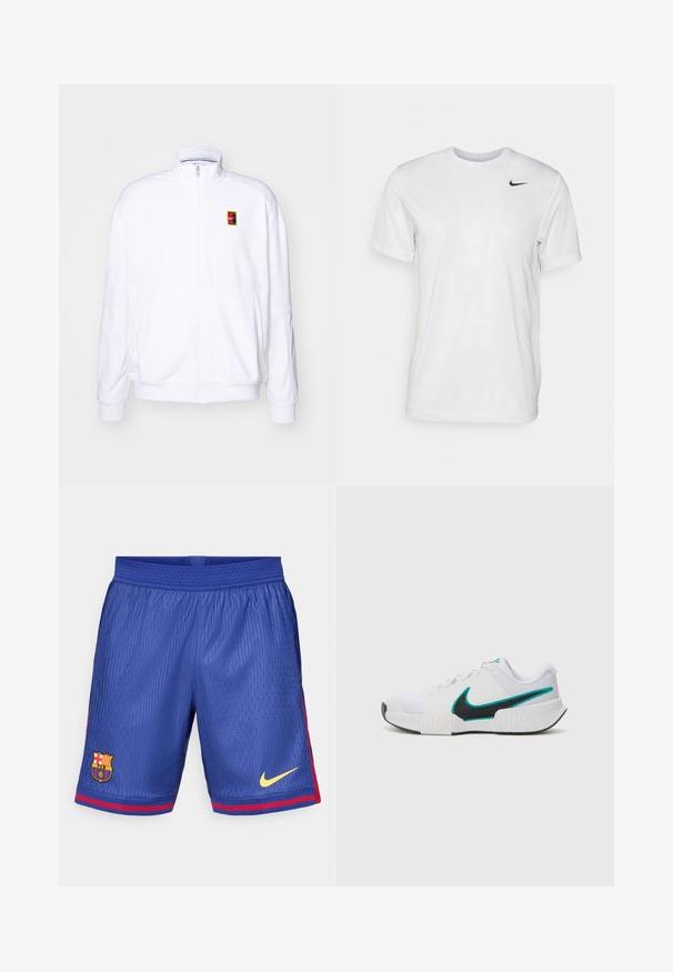 Sweatshirt branco com fecho zíper, feito de um tecido macio, com um gola alta e um pequeno logótipo multicolorido da Nike no lado esquerdo do peito.; T-shirt branca de mangas curtas feita de tecido suave. Apresenta um decote redondo e um pequeno logótipo da Nike em preto no lado esquerdo do peito.; Calções de futebol azuis com tecido em malha, apresentando um detalhe lateral riscado em vermelho, o logótipo do Barcelona e o símbolo da Nike em amarelo.; Tênis atlético branco com parte superior em malha texturizada, solado de borracha preta e detalhe em swoosh Nike teal. Apresenta cadarços e colarinho acolchoado.