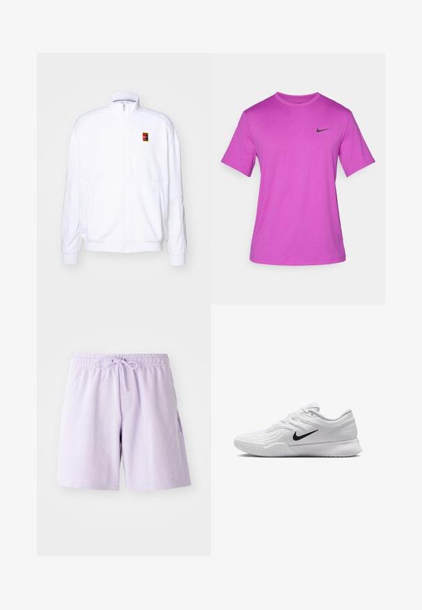 Hvit zip-up hettegenser laget av mykt stoff, med høy hals og en liten multicolor Nike-logo på venstre bryst.; Lilla kortermet T-skjorte laget av et glatt stoff, med en svart Nike-logo på venstre brystområde. Klassisk rund hals.; Lyse lilla bomullsshorts med elastisk midje og snor. Har sidelommer og en glatt, myk tekstur. Midt på låret lengde.; Hvit atletisk sko med teksturert mesh-overdel, svart Nike-svush, polstret krage og gummisåle med mønster.