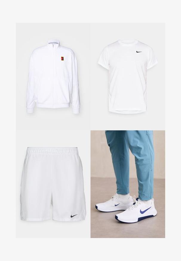 Hvid zip-up sweatshirt lavet af blød stof, med høj krave og et lille flerfarvet Nike-logo på venstre bryst.; Hvid Nike t-shirt med korte ærmer lavet af glat syntetisk materiale, med et sort logo på venstre bryst.; Hvide atletiske shorts med elastisk talje, prydet med et sort Nike swoosh-logo nederst til venstre. Glat stof uden mønstre.; Hvide sportsko med et blåt Nike-swoosh, struktureret overdel og blå accenter på sålen er kombineret med lyseblå træningsbukser.