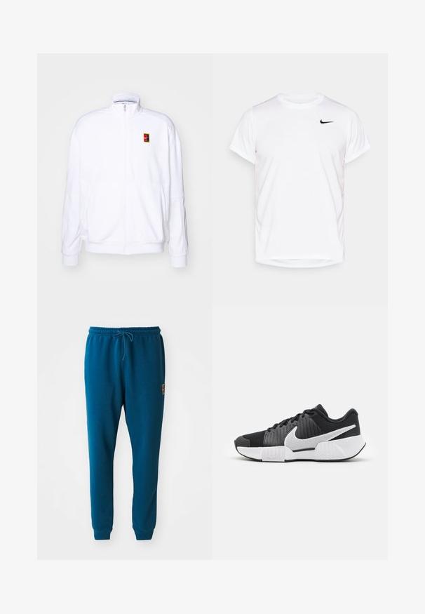 Sweatshirt branco com fecho zíper, feito de um tecido macio, com um gola alta e um pequeno logótipo multicolorido da Nike no lado esquerdo do peito.; T-shirt Nike de manga curta branca, feita de material sintético suave, com um logo preto no lado esquerdo do peito.; Calças de moletom verde-água feitas de um tecido suave, com um cós elástico e cordão, e punhos elásticos nos tornozelos. Detalhe de pequeno logótipo.; Sapatos atléticos pretos com um cabedal texturizado, logótipo swoosh branco, calcanhar acolchoado e uma sola branca em contraste com um padrão em zigzag.
