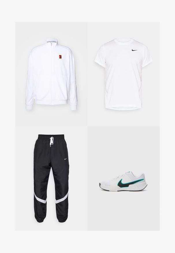Bela zip-up dukserica iz mehkega materiala, s visokim ovratnikom in majhnim večbarvnim Nike logotipom na levem prsnem delu.; Bela kratka majica s kratkimi rokavi Nike, izdelana iz gladkega sintetičnega materiala, z črnim logotipom na levi strani prsnega koša.; Črne športne hlače z belimi detajli, z elastičnim pasom in vrvico, žepi ter zoženimi manšetami. Nike logotip na strani.; Bela športna copata z teksturiranim mrežastim zgornjim delom, črnimi gumijastimi podplati in teal Nike simbolom kot poudarkom. Ima vezalke in oblazinjen ovratnik.