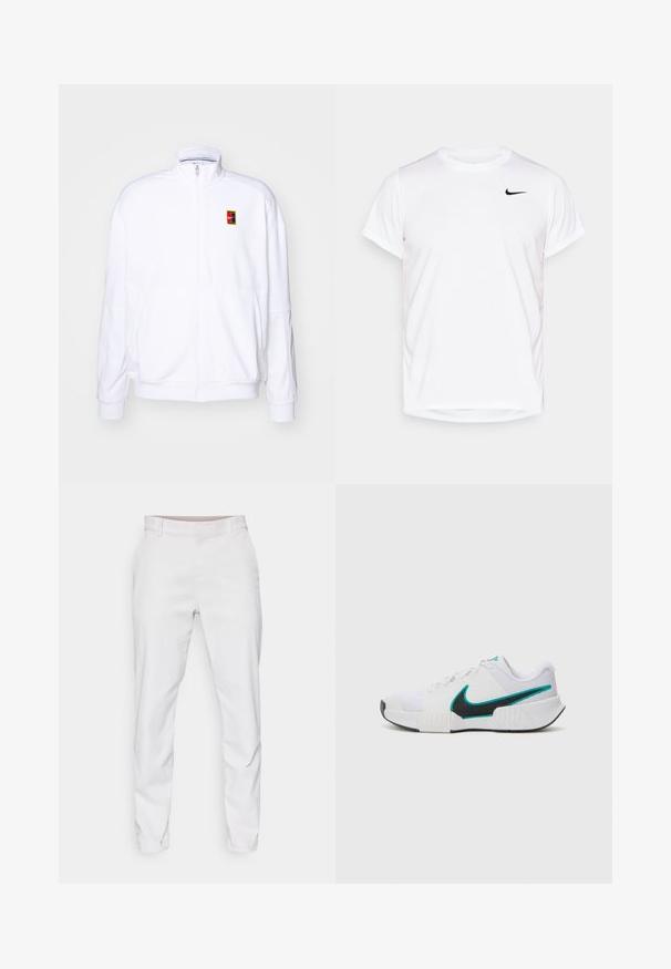 Biela zipová mikina vyrobená z mäkkého materiálu, s vysokým golierom a malým viacfarebným logom Nike na ľavej hrudi.; Biela krátkoprstá Nike tričko vyrobené z hladkého syntetického materiálu, s čiernym logom na ľavej strane hrudníka.; Biele nohavice s hladkým materiálom, úzkym strihom a plochým predným dielom. Žiadne viditeľné vrecká ani vzory. Čistý lem na členkoch.; Biele športové tenisky s textúrovaným sieťovaným zvrškom, čiernou gumovou podrážkou a akcentom teal loga Nike. Obsahujú šnúrky a vypolstrovaný golier.