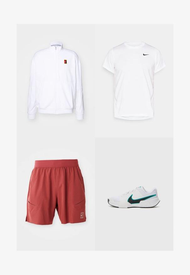 Witte ritsvest gemaakt van zachte stof, met een hoge kraag en een klein meerkleurig Nike-logo op de linkerborst.; Witte korte mouwen Nike t-shirt van glad synthetisch materiaal, voorzien van een zwart logo aan de linkerkant van de borst.; Rode sportieve shorts met een elastische tailleband, twee zijzakken en een klein logo op de rechteronderkant. Glad textuur, lengte tot halverwege de dijen.; Witte sportieve schoen met een textuur mesh bovenwerk, zwarte rubberen zool en teal Nike swooshaccent. Voorzien van veters en een gewatteerde kraag.