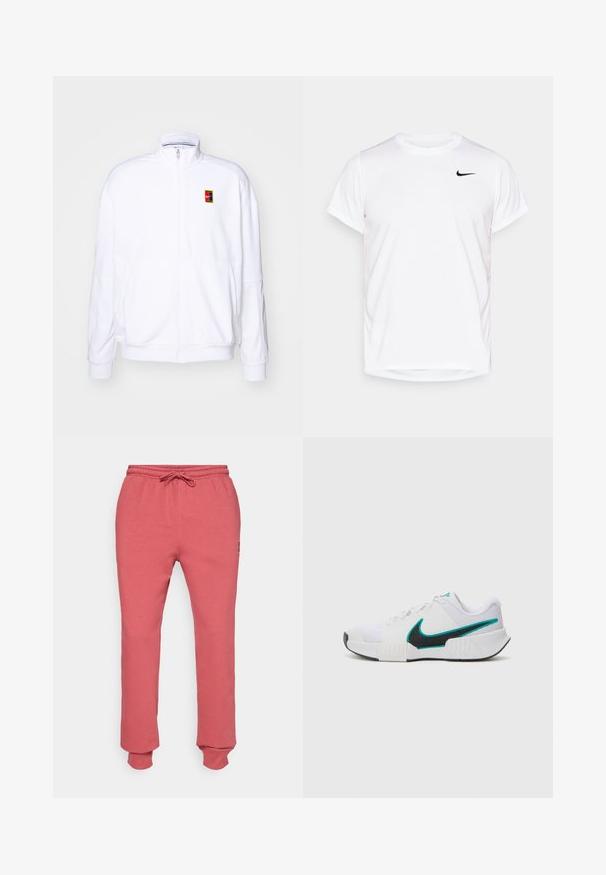 Balts ar rāvējslēdzēju džemperis, izgatavots no mīkstas auduma, ar augsto kaklu un mazu daudzkrāsainu Nike logotipu kreisajā krūtī.; Balta īsām piedurknēm Nike T-kreklā izgatavots no gluda sintētiska materiāla, ar melnu logo kreisajā krūšu pusē.; Rozā sviedru bikses ar elastīgu jostasvītu un auklu, ar sašaurinātām kājām un ribotām uztvērējiem pie potītēm.; Baltas sporta apavu modelis ar teksturētu sieta augšdaļu, melnu gumijas zoli un tīkkoka Nike swoosh akcentu. Ar pīkstienēm un mīkstu apkaklīti.