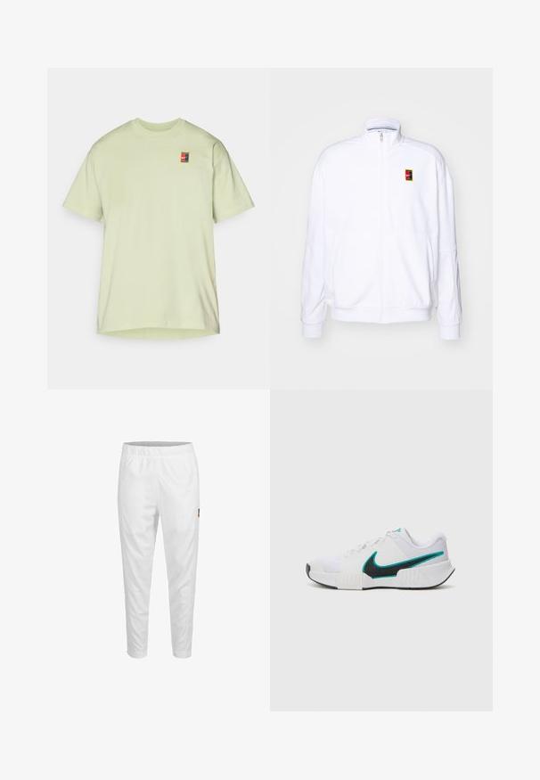 Valge tõmmatav kapuutsiga sviiter, mis on valmistatud pehmest kangast. Sellel on kõrge kaelus ja väike mitmevärviline Nike logo vasakul rinnal.; Hele roheline puuvillane T-särk lühikeste varrukatega, ümmargune kaelus ja väike mitmevärviline logotäht vasakul rinnal.; Valged spordipüksid, millel on elastne vöökoht, kitsenevad sääred ja külgedel väike logo detail. Sile ja kerge kangas.; Valge sportlik toss, millel on tekstureeritud võrkmaterjalist ülaosa, must kummist tald ja türkiissinine Nike'i logo aktsent. Eriomadusteks on paelad ja polsterdatud krae.