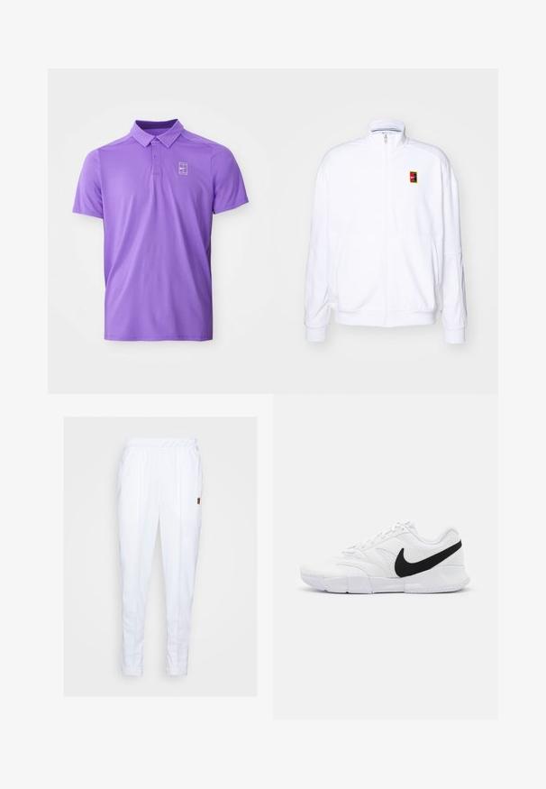 Witte ritsvest gemaakt van zachte stof, met een hoge kraag en een klein meerkleurig Nike-logo op de linkerborst.; Paarse polo met korte mouwen en kraag, voorzien van een twee-knops knoopsluiting, met een wit Nike tennislogo op de linker borst.; Witte sportbroek met een elastische tailleband, voorzien van zijzakken en subtiele stikseldetails langs de benen.; Witte sportieve schoenen met een gestructureerde bovenkant, zwarte Nike swoosh, gewatteerde kraag en een solide rubberen buitenzool met een gepatternde profiel.
