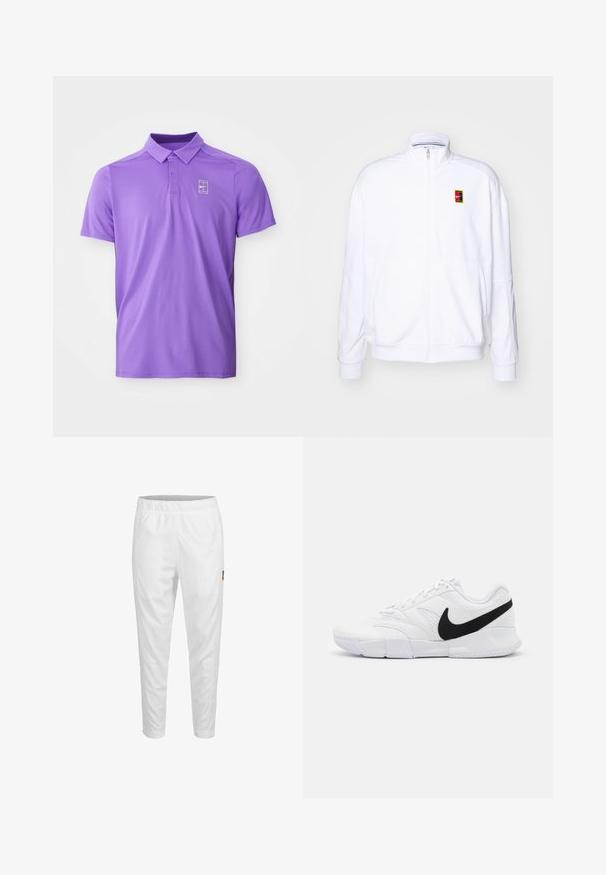 Hvit zip-up hettegenser laget av mykt stoff, med høy hals og en liten multicolor Nike-logo på venstre bryst.; Lilla kortermet polo-skjorte med krage og to knappestolper, med en hvit Nike tennis-logo på venstre bryst.; Hvite treningsbukser med elastisk liv, innsnevrede ben og en liten logodetalj på siden. Glatt og lett stoff.; Hvite joggesko med teksturert overdel, svart Nike-svaff, polstret krage og en solid gummiyttersåle med mønstrede spor.