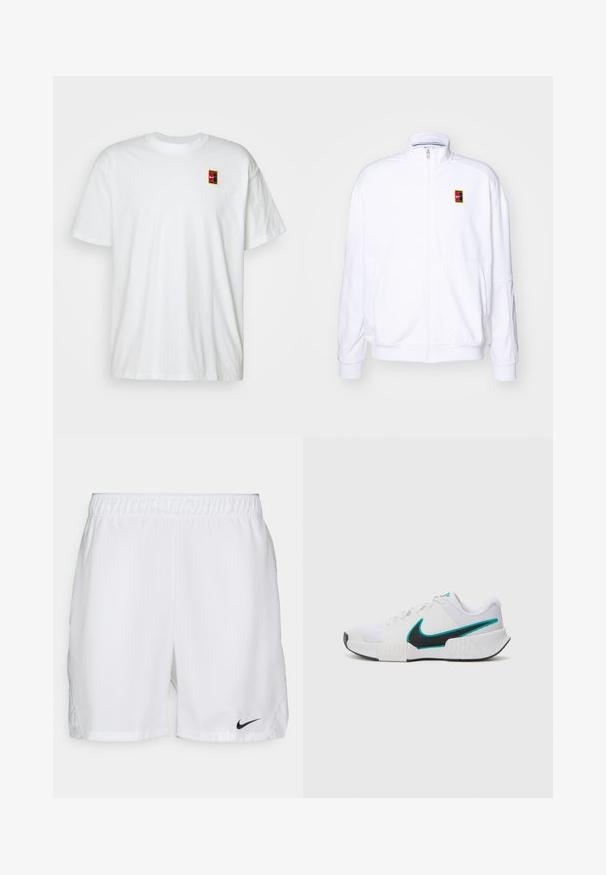 Fehér zipzáras kapucnis pulóver, puha anyagból készült, magas nyakkal és egy kis, színes Nike logóval a bal mellrészen.; Fehér pamut póló kerek nyakkivágással és rövid ujjakkal. A bal felső mellrészen kis színes logó található.; Fehér sportnadrág elasztikus derékkal, a bal alsó oldalon fekete Nike swoosh logóval. Simának tűnő anyag, minták nélkül.; Fehér sportcipő, texturált hálós felsőrésszel, fekete gumi talppal és türkiz Nike pipa akcentussal. Fűzős, párnázott bokarésszel rendelkezik.