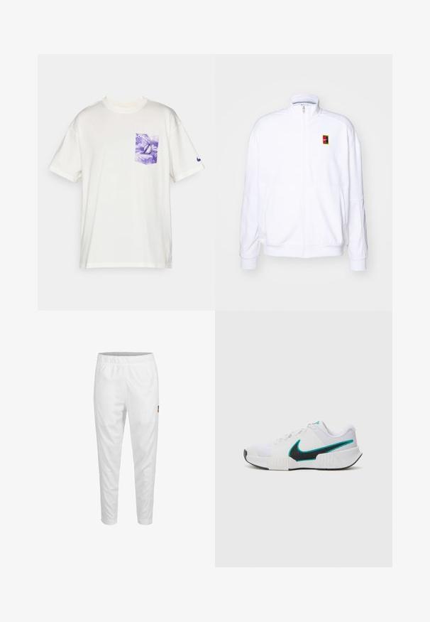 Valge tõmmatav kapuutsiga sviiter, mis on valmistatud pehmest kangast. Sellel on kõrge kaelus ja väike mitmevärviline Nike logo vasakul rinnal.; Valge puuvillane t-särk lühikeste varrukatega, millel on lilla tie-dye rinnakott ja väike lilla logo varrukal.; Valged spordipüksid, millel on elastne vöökoht, kitsenevad sääred ja külgedel väike logo detail. Sile ja kerge kangas.; Valge sportlik toss, millel on tekstureeritud võrkmaterjalist ülaosa, must kummist tald ja türkiissinine Nike'i logo aktsent. Eriomadusteks on paelad ja polsterdatud krae.