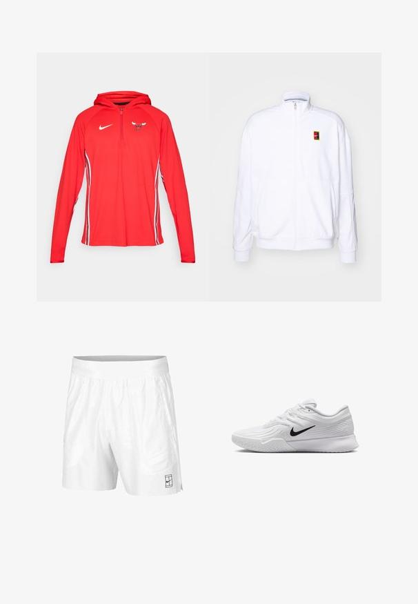 Biela zipová mikina vyrobená z mäkkého materiálu, s vysokým golierom a malým viacfarebným logom Nike na ľavej hrudi.; Červená mikina Nike s polovičným zipsom vpredu, s logom Bulls na hrudi a bielymi pruhmi po stranách rukávov. Hladká, ľahká tkanina.; Biele športové šortky z ľahkej tkaniny s elastickým pásom, obsahujúce dve bočné vrecká a malé čierne logo na leme.; Biele športové topánky s textúrovaným sieťovaným zvrškom, čiernym logom Nike, polstrovaným golierom a gumovou podrážkou so vzorom dezénu.