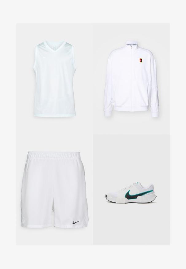 Hvit zip-up hettegenser laget av mykt stoff, med høy hals og en liten multicolor Nike-logo på venstre bryst.; Nike Performance DNA - Topper - glacier blue/white; Hvite treningstights med elastisk midje, med en svart Nike swoosh-logo nederst til venstre. Glatt stoff uten mønstre.; Hvit atletisk sko med teksturert mesh-overdel, svart gummisåle og teal Nike swoosh-detalj. Har snøring og polstret krage.