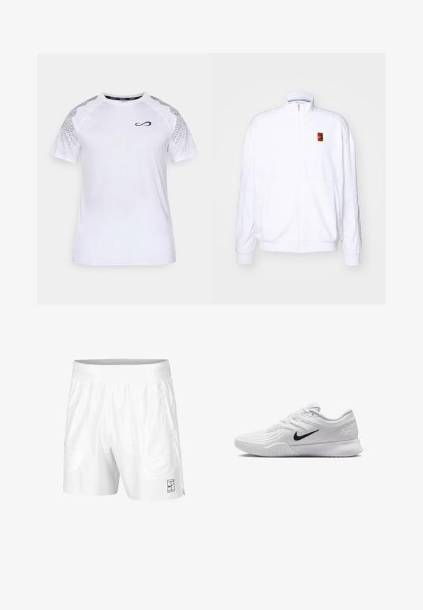 Baltas zip-up džemperis, pagamintas iš minkštos medžiagos, su aukštu kaklu ir mažuoju daugiaspalviu Nike logo kairiajame krūtinės šone.; Endless FEISTY HEXAGON - Marškinėliai su spaudiniu - white; Balti sportiniai šortai, pagaminti iš lengvos medžiagos, su elastinga juosta, su dviem šoninėmis kišenėmis ir mažu juodu logotipu ant apatinio krašto.; Baltas sportinis batas su tekstūruota tinkleliu, juodu Nike swoosh logotipu, paminkštintu apvadu ir guminėmis pado detalėmis su protektoriumi.