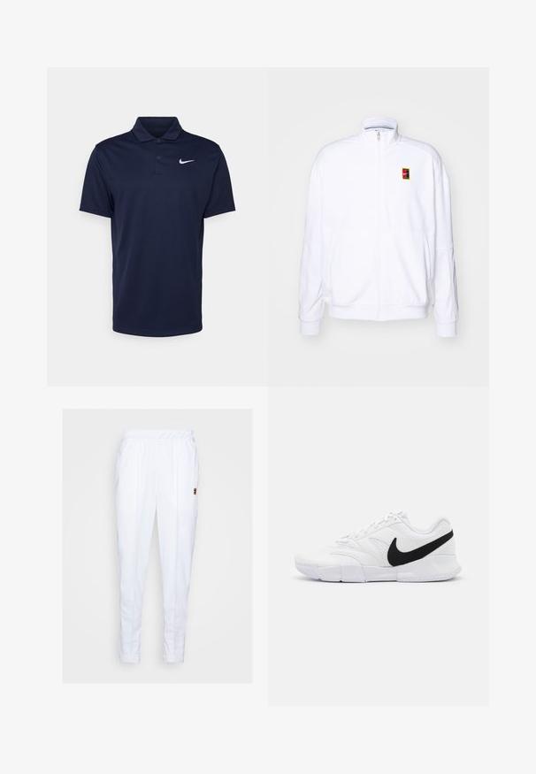 Witte ritsvest gemaakt van zachte stof, met een hoge kraag en een klein meerkleurig Nike-logo op de linkerborst.; Navyblauwe polo gemaakt van gladde stof, met een drieknoopsluiting, korte mouwen en een klein wit Nike-logo op de borst.; Witte sportbroek met een elastische tailleband, voorzien van zijzakken en subtiele stikseldetails langs de benen.; Witte sportieve schoenen met een gestructureerde bovenkant, zwarte Nike swoosh, gewatteerde kraag en een solide rubberen buitenzool met een gepatternde profiel.