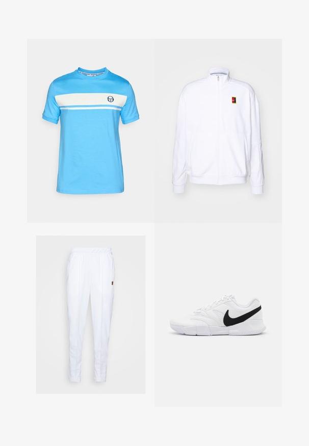 Felpa bianca con zip realizzata in tessuto morbido, con colletto alto e un piccolo logo Nike multicolore sul lato sinistro del petto.; Maglietta a maniche corte blu chiaro con una striscia orizzontale bianca e un piccolo logo sul petto. Realizzata in morbido cotone.; Pantaloni sportivi bianchi con elastico in vita, dotati di tasche laterali e dettagli di cucitura discreti lungo le gambe.; Scarpe da ginnastica bianche con tomaia testurizzata, logo Nike nero, collare imbottito e suola in gomma solida con battistrada a motivo.