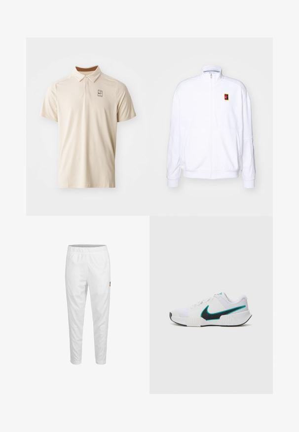 Biela zipová mikina vyrobená z mäkkého materiálu, s vysokým golierom a malým viacfarebným logom Nike na ľavej hrudi.; Béžová polokošeľa s krátkym rukávom, trojzubcovým golierom a predným logom. Vyrobená z hladkej, textúrovanej látky.; Biele športové nohavice s elastickým pásom, zúženými nohavicami a malým logom na boku. Hladká a ľahká tkanina.; Biele športové tenisky s textúrovaným sieťovaným zvrškom, čiernou gumovou podrážkou a akcentom teal loga Nike. Obsahujú šnúrky a vypolstrovaný golier.