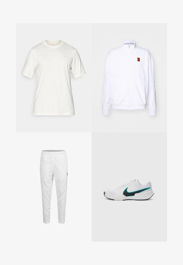 Fehér zipzáras kapucnis pulóver, puha anyagból készült, magas nyakkal és egy kis, színes Nike logóval a bal mellrészen.; Fehér pamut környakú póló rövid ujjakkal, a bal felső mellen egy kis logóval. Simaság jellemzi, alap dizájn.; Fehér sportnadrág rugalmas derekkal, szűkített lábakkal és egy kis logóval az oldalon. Simább és könnyű anyag.; Fehér sportcipő, texturált hálós felsőrésszel, fekete gumi talppal és türkiz Nike pipa akcentussal. Fűzős, párnázott bokarésszel rendelkezik.