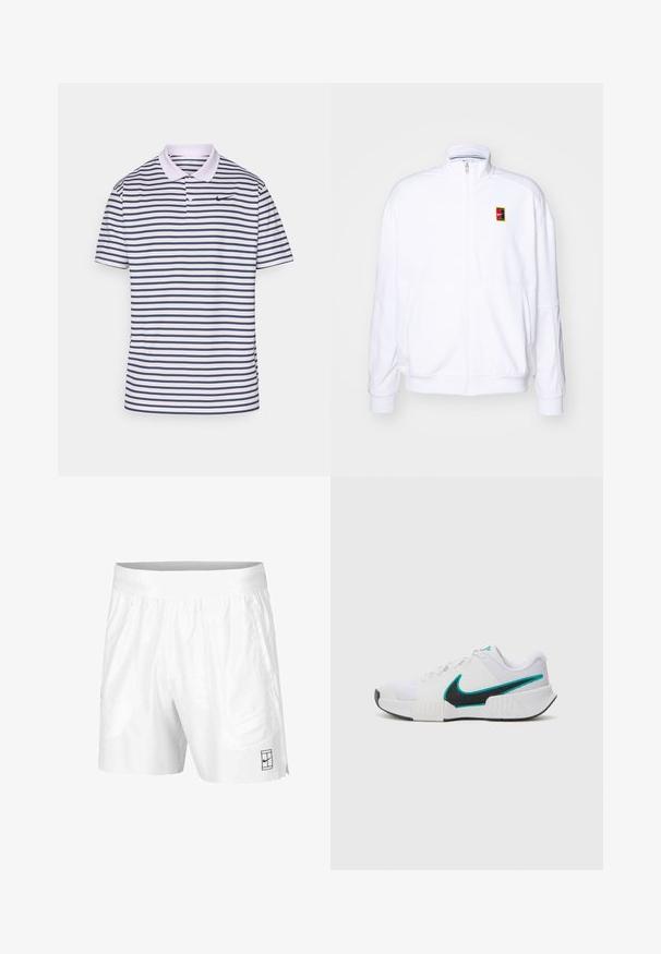 Hvit zip-up hettegenser laget av mykt stoff, med høy hals og en liten multicolor Nike-logo på venstre bryst.; Stripet skjorte i hvit og marineblå, laget av bomullsblanding. Har krage, to knapper, og en liten svart Nike-logo på brystet.; Hvite sportsshorts laget av lettvektstoff med elastisk midjebånd, med to sidelommer og en liten svart logo på kanten.; Hvit atletisk sko med teksturert mesh-overdel, svart gummisåle og teal Nike swoosh-detalj. Har snøring og polstret krage.