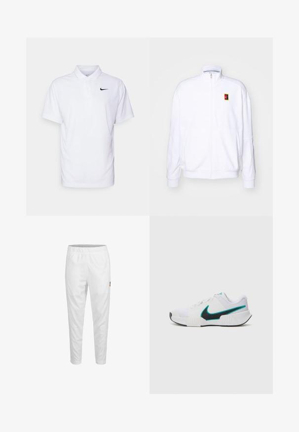 Biela zipová mikina vyrobená z mäkkého materiálu, s vysokým golierom a malým viacfarebným logom Nike na ľavej hrudi.; Biely polo tričko vyrobené z priedušného materiálu, s čiernym logom Nike na ľavej hrudi a klasickým trojbuttonovým zapínaním. Krátke rukávy.; Biele športové nohavice s elastickým pásom, zúženými nohavicami a malým logom na boku. Hladká a ľahká tkanina.; Biele športové tenisky s textúrovaným sieťovaným zvrškom, čiernou gumovou podrážkou a akcentom teal loga Nike. Obsahujú šnúrky a vypolstrovaný golier.