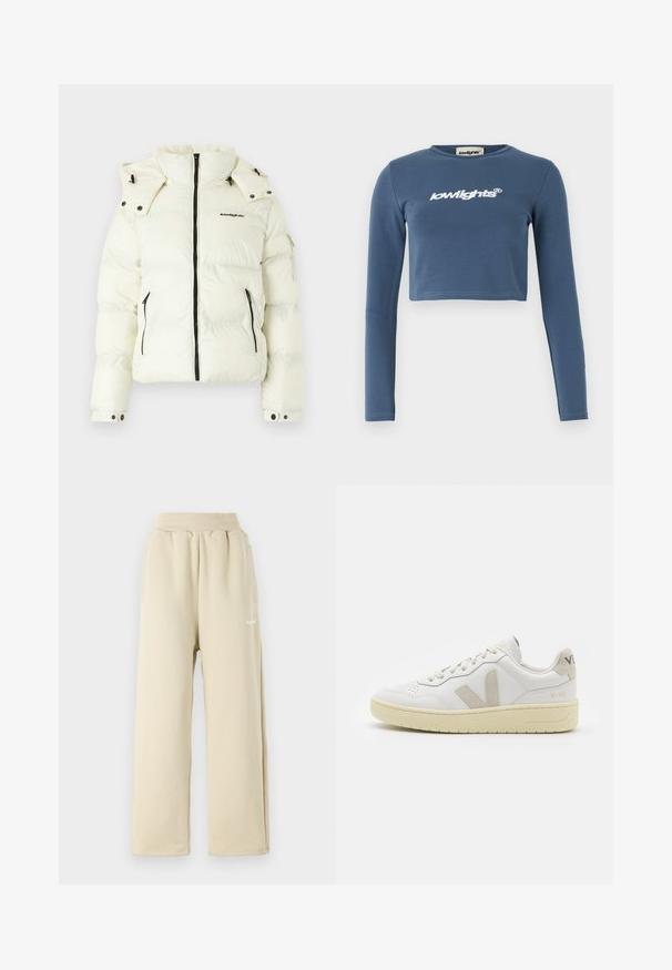 Balta pūkaina jaka ar augstu apkakli, rāvējslēdzēja aizdari, rāvējslēdzēja kabatām un regulējamiem piedurkņu galiem. Uz priekšpuses ir melns zīmola logotips.; Zils īsais garām piedurknēm krekls, kas izgatavots no mīksta kokvilnas, ar baltu izšūtu "lowlights" logotipu priekšpusē. Gluda tekstūra, ribota apkakle.; Bežīgas brīva piegriezuma sporta bikses, kas izgatavotas no mīksta auduma, ar elastīgu vidukli, sānu kabatām un mazu izšūtu logotipu.; Baltas ādas sporta apavu pāris ar bēšiem zamša akcentiem, caurumiņu purngalā, plakanu šņorēšanu un teksturētu krēmkrāsas zoli. Iezīmējas ar diskrētu zīmolu uz papēža.