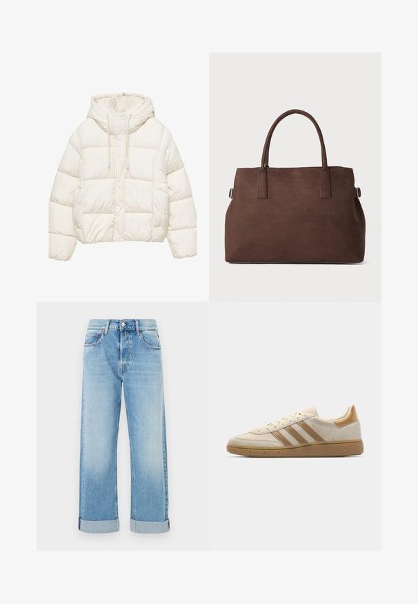 Krótkia kurtka puchowa w kolorze off-white. Posiada kaptur, sznurek do regulacji oraz pikowany wzór. Gładka faktura z elastycznymi mankietami i dołem.; Levi's® - T-shirt z nadrukiem; Jasnoniebieskie dżinsy o prostym kroju, z pięcioma kieszeniami, z zapięciem na guzik oraz z podwiniętymi mankietami u dołu.; Beżowe zamszowe sneakersy z jasnobrązowymi akcentami. Posiadają trzy brązowe paski, teksturowaną gumową podeszwę oraz okrągły ksztalt czubka.; Brązowa torebka tote z sztucznego zamszu, z dwiema solidnymi rączkami, o wyraźnym kształcie i minimalistycznym designie, z subtelnymi akcentami w postaci przeszyć.