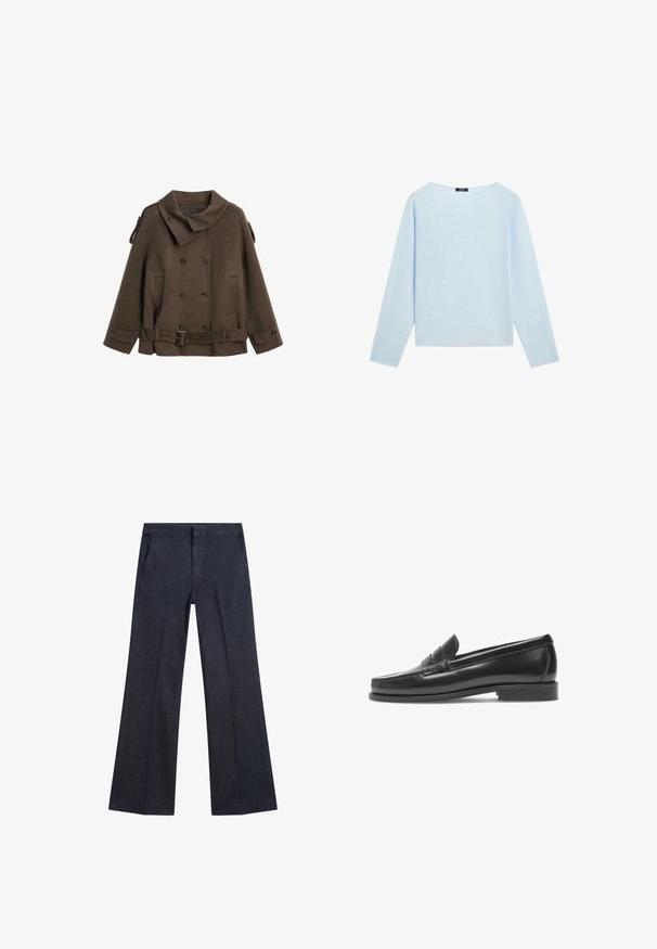 Manteau peacoat en laine marron avec un grand col, fermeture à double boutonnage, poches latérales et une ceinture à la taille.; Pull long à manches longues bleu clair avec un large col bateau et un ourlet droit, présenté sur un fond blanc.; Pantalons en denim bleu marine à jambe large avec poches avant, texture lisse et taille plate. Présente des plis tailleur sur les jambes.; Mocassins en cuir noir avec une finition lisse, un petit talon et une bande décorative. Présente un bout cousu et un design minimaliste.