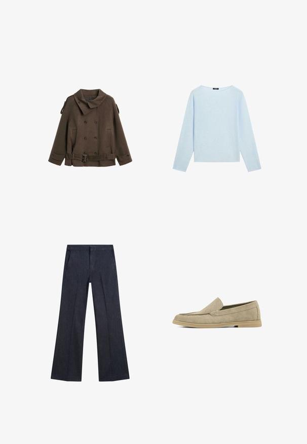 Bruine wollen peacoat met een grote kraag, dubbele knoopsluiting, zijzakken en een riemdetail rond de taille.; Lichtblauwe langemouwentrui met een brede bateauhals en een rechte zoom, weergegeven op een witte achtergrond.; Donkerblauwe denim wijde broek met voorzakken, een soepele textuur en een platte tailleband. Kenmerkt zich door op maat gemaakte plooiingen op de benen.; Beige suède instappers met een platte, flexibele rubberschoen, een ronde neus en discrete stikselaccenten langs de bovenkant.