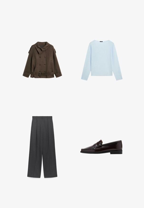 Cappotto peacoat in lana marrone con un ampio colletto, chiusura a doppio petto con bottoni, tasche laterali e dettaglio con cintura in vita.; Maglione azzurro chiaro a maniche lunghe con scollo a barca largo e orlo dritto, esposto su uno sfondo bianco.; Pantaloni a gamba larga in tessuto grigio scuro, con una texture liscia, pence frontali e una vita standard con passanti per la cintura.; Mocassino in pelle marrone con punta in stile mocassino, cuciture elevate lungo l'assottigliamento e suola nera in gomma bassa. Finitura liscia e lucida.