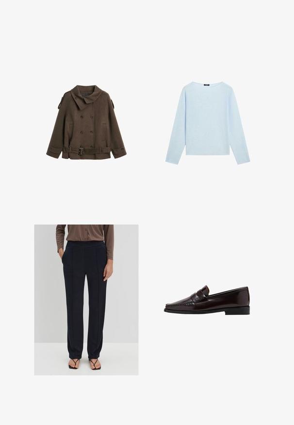 Bruine wollen peacoat met een grote kraag, dubbele knoopsluiting, zijzakken en een riemdetail rond de taille.; Lichtblauwe langemouwentrui met een brede bateauhals en een rechte zoom, weergegeven op een witte achtergrond.; Navigatieblauwe, gladde stoffen broek met recht gesneden ontwerp, elastische tailleband en zijzakken. Gestyled met een lichtbruine overhemd met knopen en zwarte sandalen.; Bruine leren instapper met een moccasin-stijl voorkant, verhoogde stiksels langs de voet en een lage zwarte rubberen zool. Glad, gepolijst oppervlak.