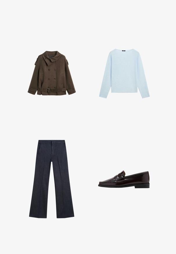 Cappotto peacoat in lana marrone con un ampio colletto, chiusura a doppio petto con bottoni, tasche laterali e dettaglio con cintura in vita.; Maglione azzurro chiaro a maniche lunghe con scollo a barca largo e orlo dritto, esposto su uno sfondo bianco.; Pantaloni a gamba larga in denim blu scuro con tasche frontali, una consistenza liscia e una vita piatta. Presentano pieghe sartoriali sulle gambe.; Mocassino in pelle marrone con punta in stile mocassino, cuciture elevate lungo l'assottigliamento e suola nera in gomma bassa. Finitura liscia e lucida.