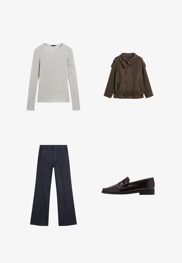 Cappotto peacoat in lana marrone con un ampio colletto, chiusura a doppio petto con bottoni, tasche laterali e dettaglio con cintura in vita.; Maglietta a maniche lunghe grigia con texture a coste e scollatura rotonda. Design semplice con cuciture uniformi; nessun motivo o accento visibile.; Pantaloni a gamba larga in denim blu scuro con tasche frontali, una consistenza liscia e una vita piatta. Presentano pieghe sartoriali sulle gambe.; Mocassino in pelle marrone con punta in stile mocassino, cuciture elevate lungo l'assottigliamento e suola nera in gomma bassa. Finitura liscia e lucida.