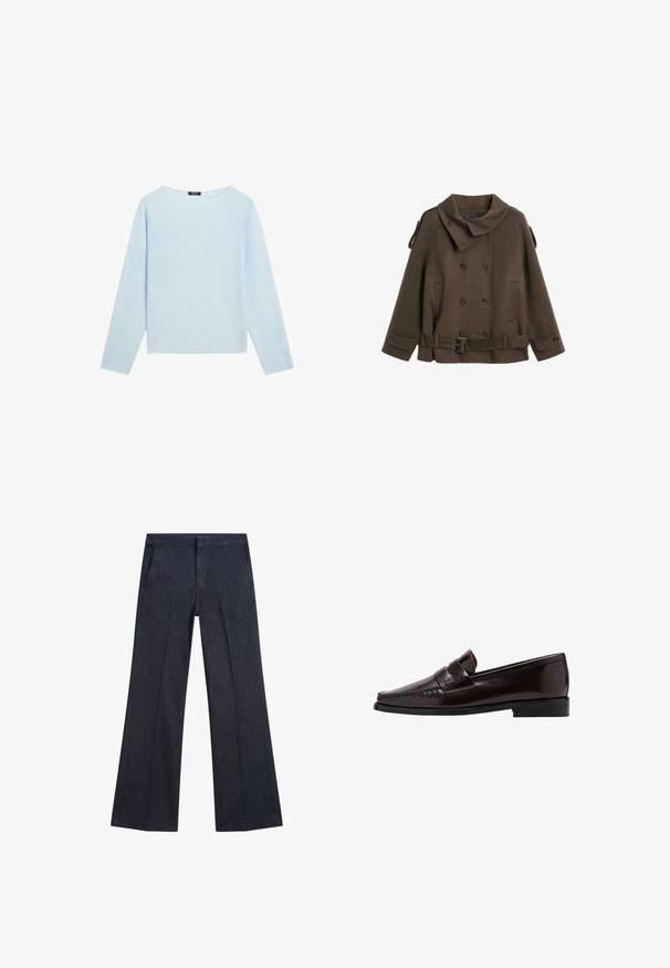 Brauner Wollpeacoat mit großem Kragen, doppelter Knopfverschluss, seitlichen Taschen und einem Gürtel Detail in der Taille.; Helles blaues Langarm-Sweatshirt mit weiter Bootsausschnitt und geradem Saum, auf einem weißen Hintergrund präsentiert.; Dunkelblaue Denim-Hosen mit weitem Bein, seitlichen Taschen, glatter Textur und flachem Bund. Besondere Merkmale sind die stylischen Falten an den Beinen.; Brauner Lederloafer mit einer Mokassin-artigen Vorderseite, hochgezogener Naht entlang des Vamps und einer niedrigen schwarzen Gummisohle. Glatte, polierte Oberfläche.