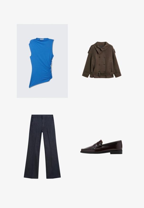 Brun ull peacoat med en stor krage, dubbelknäppt knappstängning, sidofickor och en bältesdetalj vid midjan.; Blå ärmlös topp i mjukt tyg, med sidofåll och en asymmetrisk fåll för en unik, modern design.; Mörkblå denimbyxor med vida ben, framfickor, en slät textur och platt midjeband. Har skräddarsydda veck på benen.; Brun läderloafers med moccasin-stil framtill, höjd söm längs vaden och en låg svart gummisula. Slät, polerad yta.